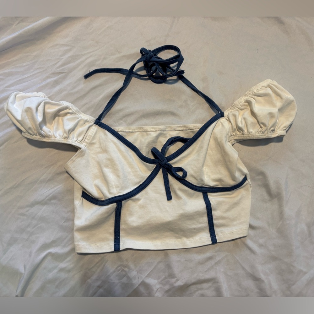 white w/ Blue lining Coquette cropped Blouse